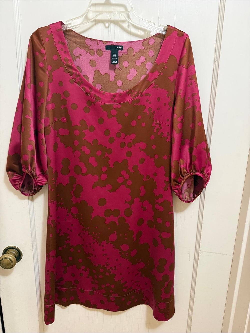 H&M Magenta and Brown Bubble-Print Puff-Sleeve Tunic Dress